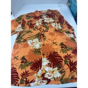 Caribbean Joe Mens Tropical Hibiscus Floral Rayon Camp Shirt Medium Orange